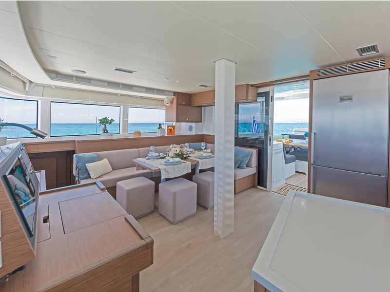 Spacious lounge area of a Lagoon 52 catamaran